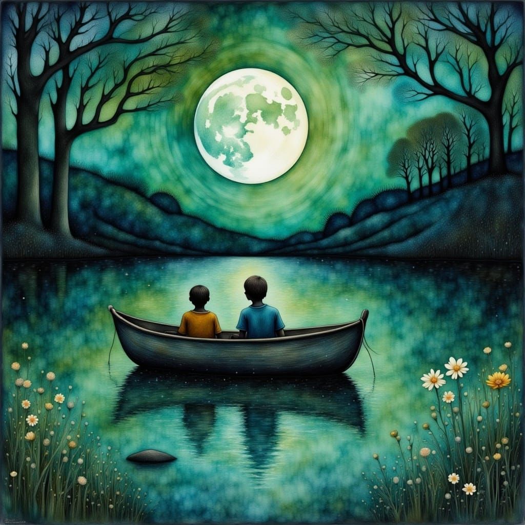 <lora:Liquid Ink Flux:1.0> happy moonscape on the lake, two boys sitting in a little fishing boat in art brut style by Stewart Edmondson, Th...