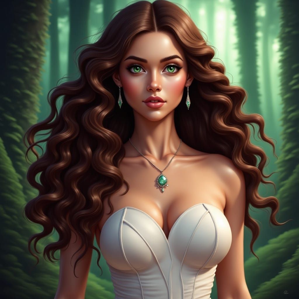 <lora:Flux Cute Big Eyes:1.0> Woman long curly brown hair flawless intricate green eyes by artgerm wearing flowing gown perfect stunning mas...