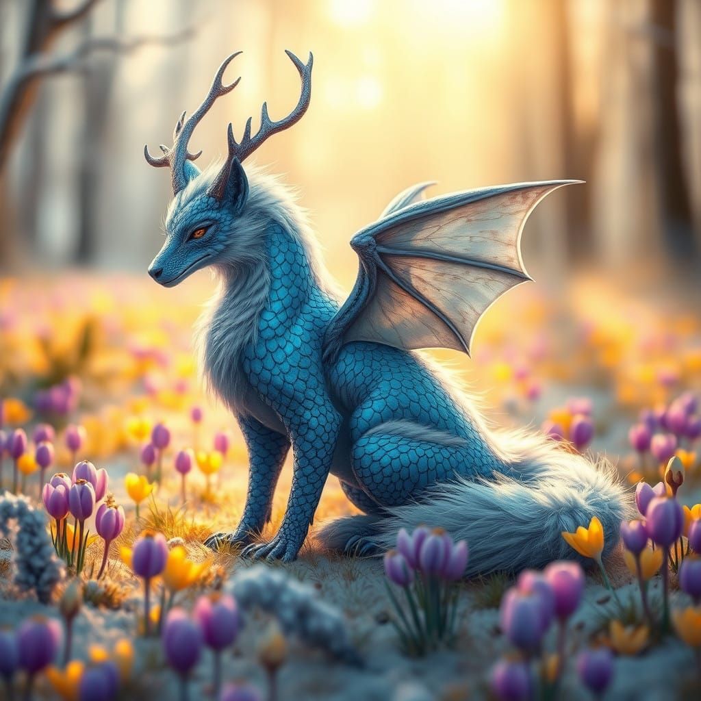 hybrid dragon-fox with blue shiny scales and fluffy soft silver furr, two twisty antlers, sitting on ...  by @tsahel