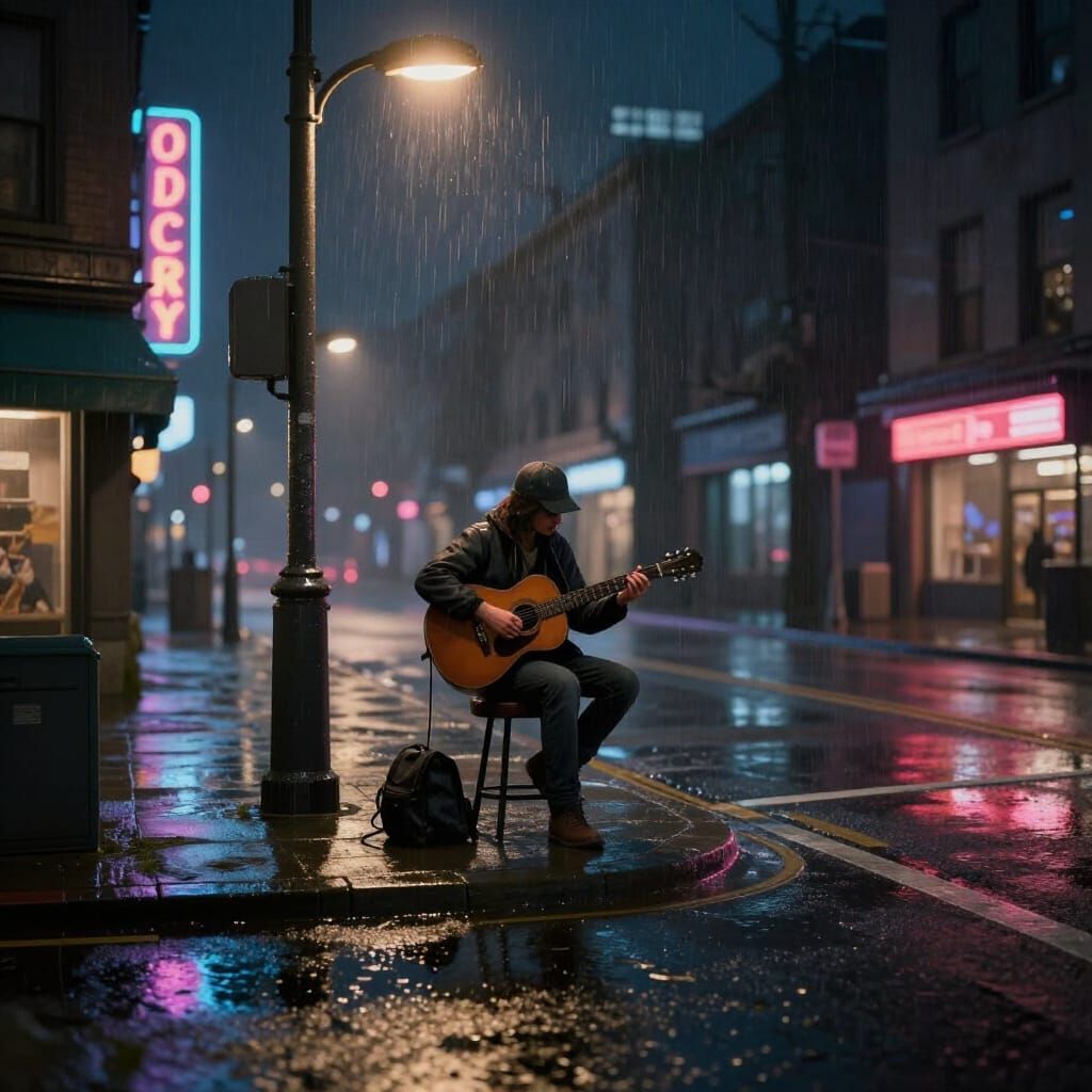 Guitarist on Rainy City Street Corner