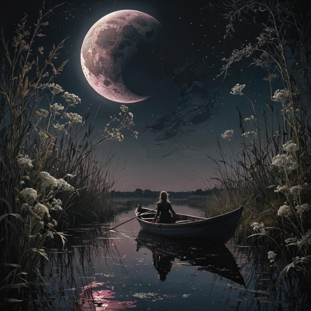 A romantic river scenery at a moonlit night, woman enjoy the...