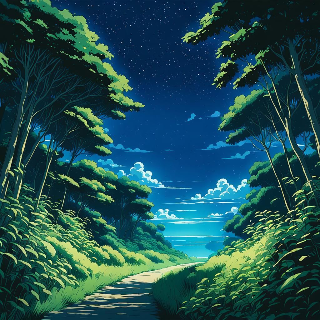 the endless blue night sky framed between lush green plants ...
