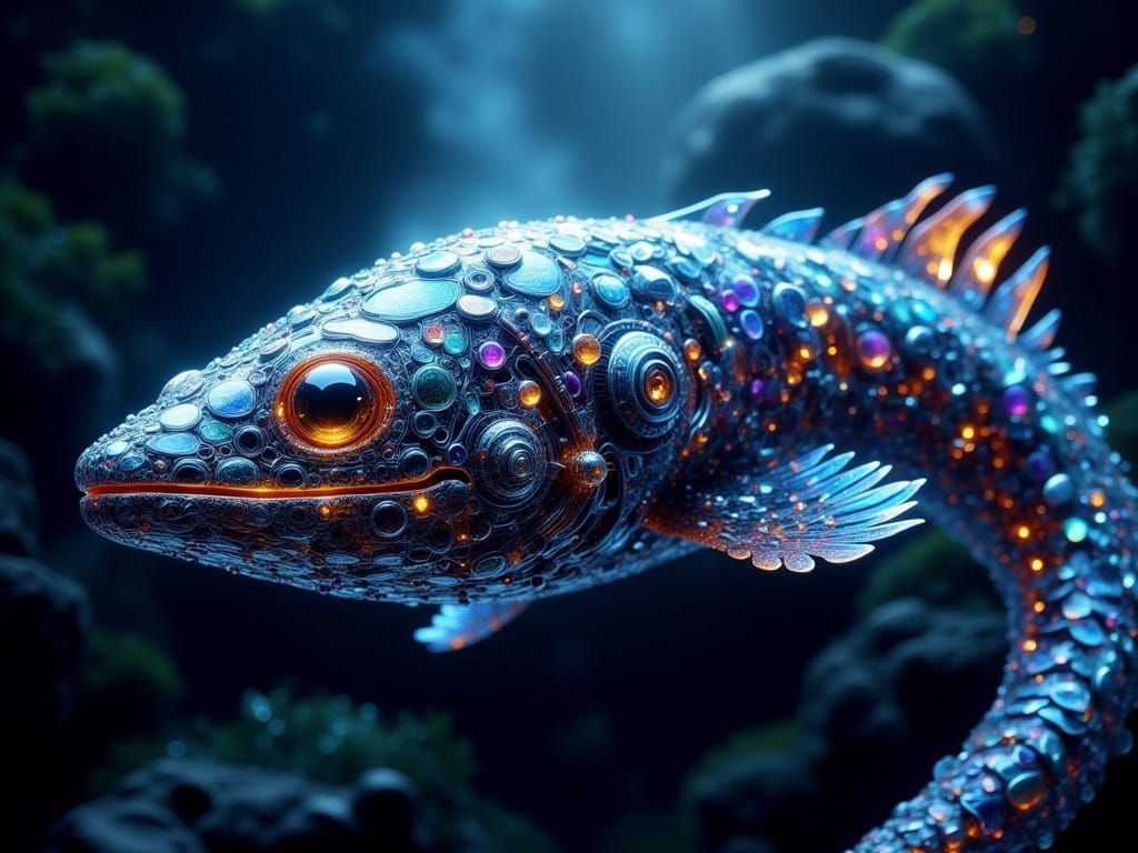 Biomechanical Moray Eel in Dark, Misty Environment