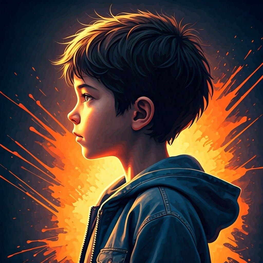 Hyperrealistic Portrait of a Young Boy in a Vibrant, Dimensi...