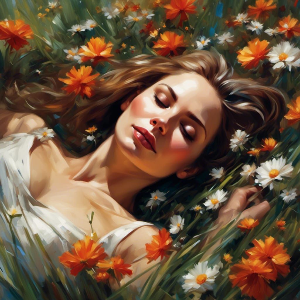 A beautiful woman lying in the grass her face surrounded by flowers <lora:The Swanland Effect:1.0> 