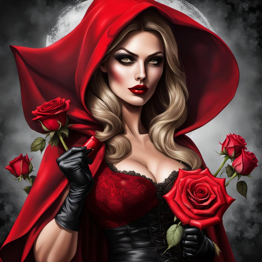 big breasted red riding hood as a mobster wife holding a red...