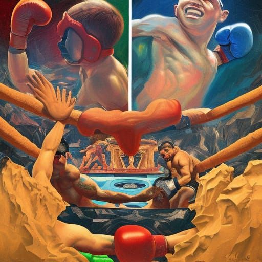 A  boxing match in front of a volcano, art nouveau rococo ar...