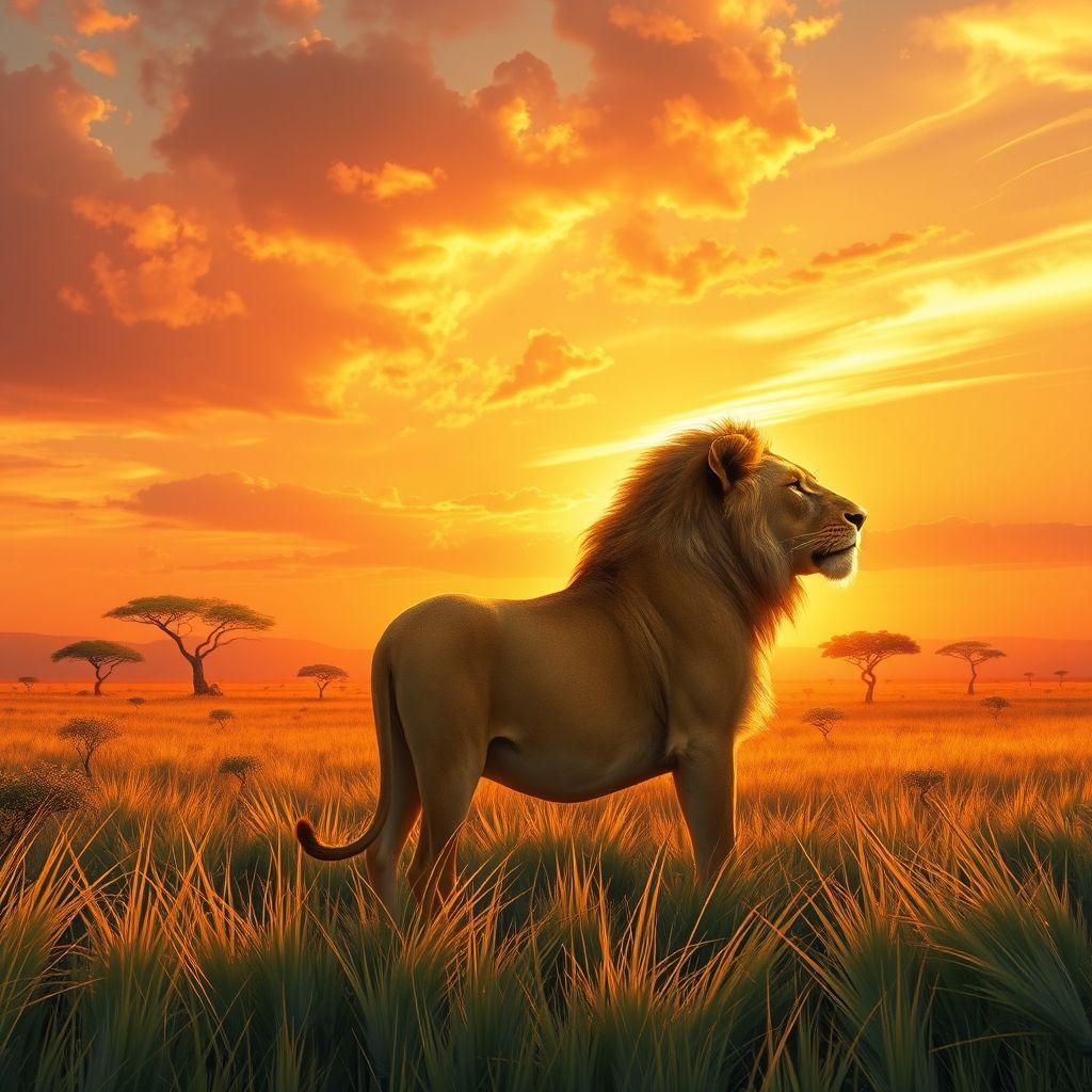 a lion standing in a savanna landscape.