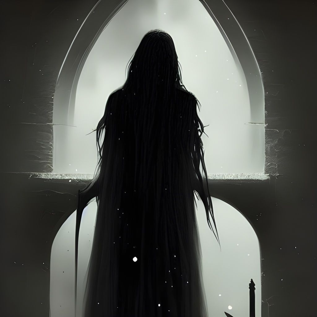 Creepy long and black haired vampire in a haunted house - AI Generated ...