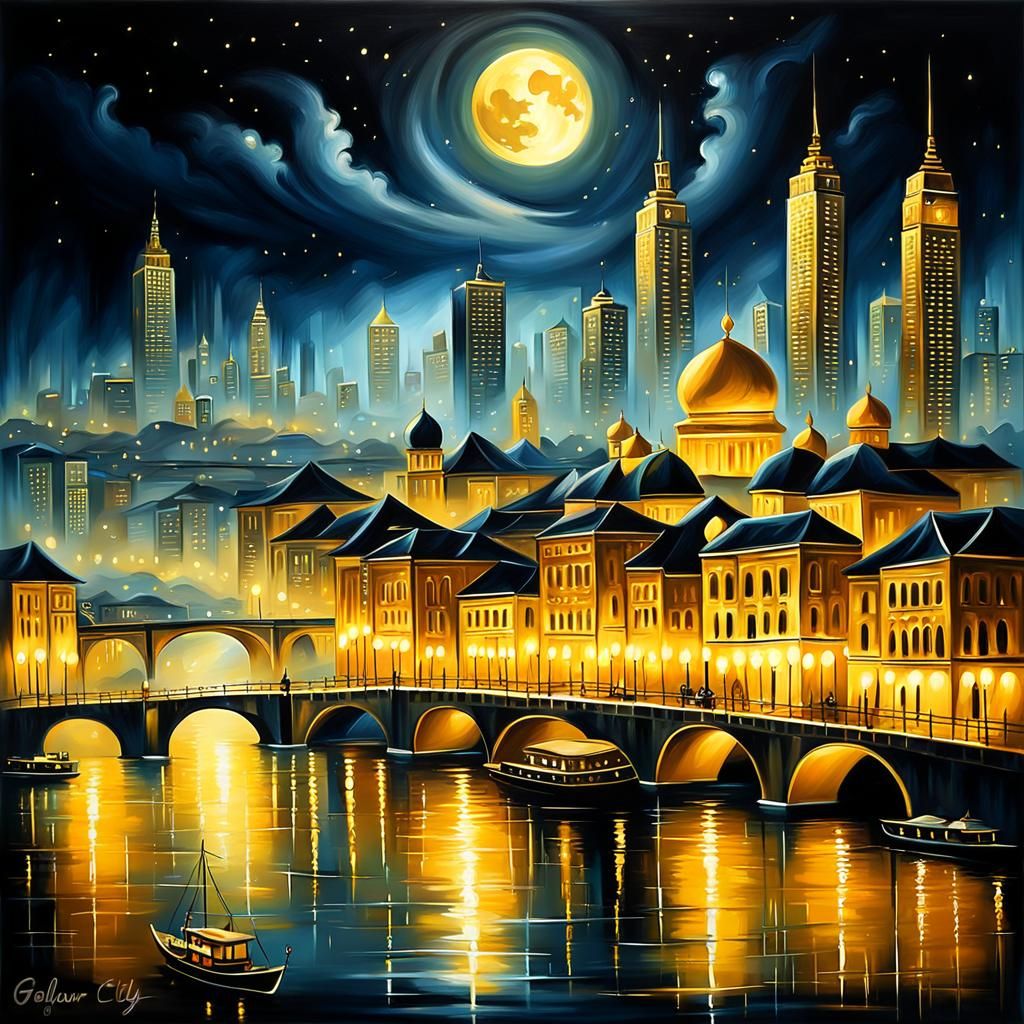 Golden City by Night, Glamour, Oil painted Airbrush,  by @Denise