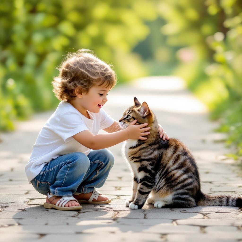 Toddler Gently Petting a Cat on a Stone Path
