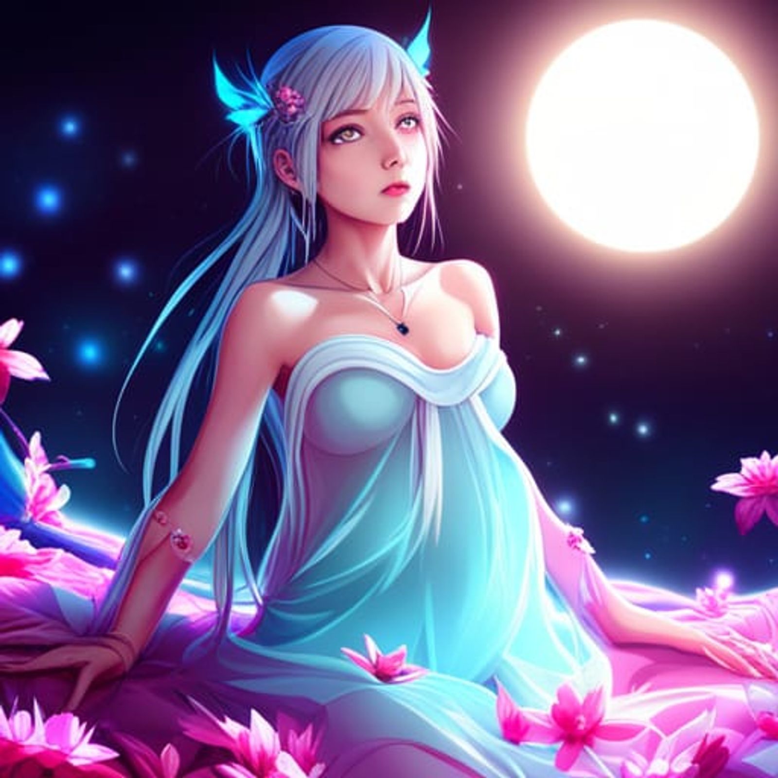 anime girl in water with the moonlight