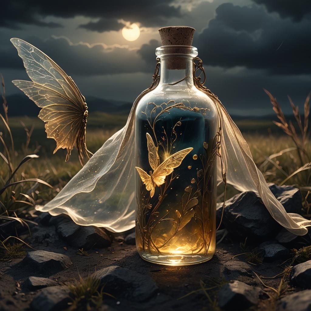 Detailed matte painting. Medium close-up. A glass bottle containing a stone with a cute  fairy sitting ...  by @Ohi Prio