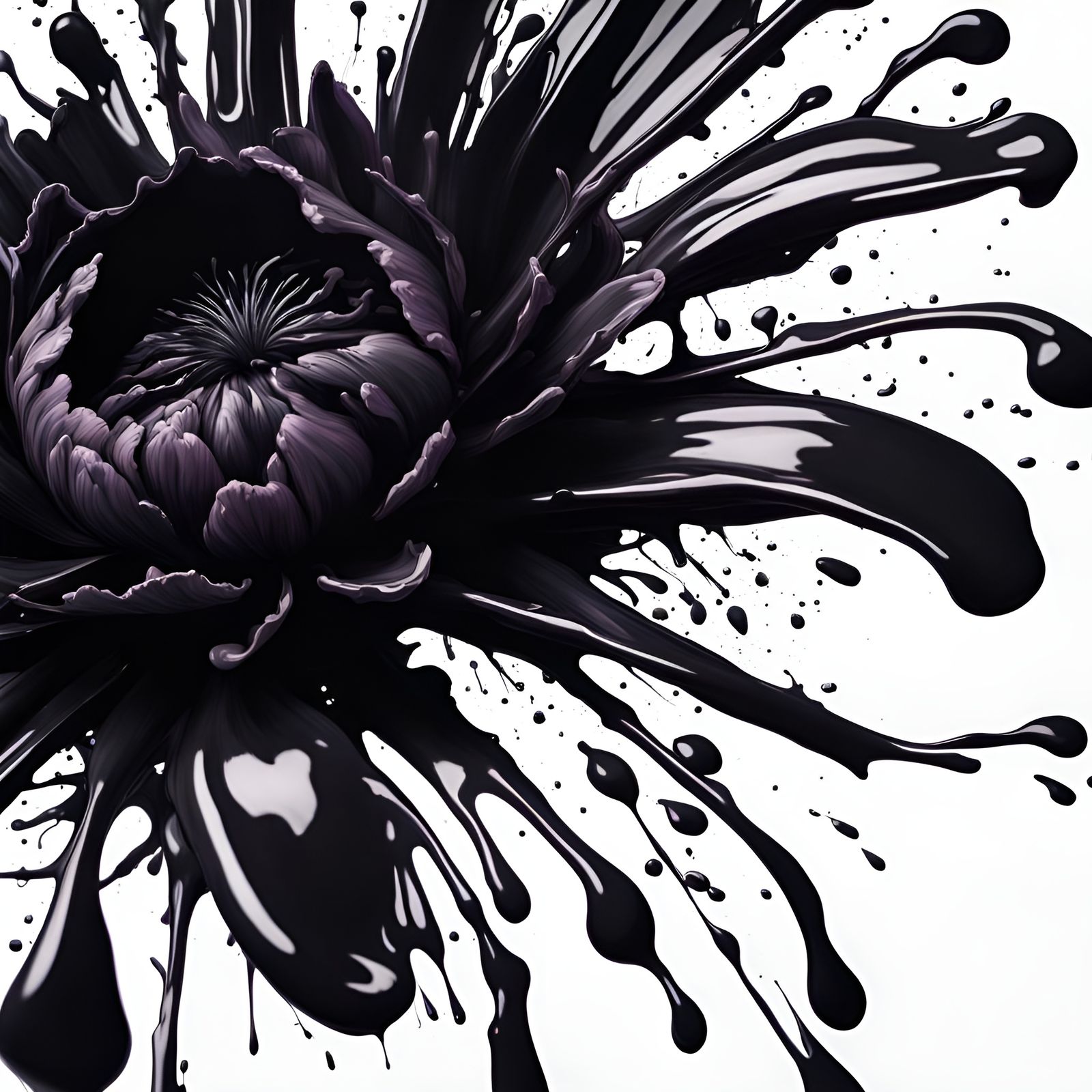 A ink splatter in black ink, in the form of a flower. High resolution.   by @Irene