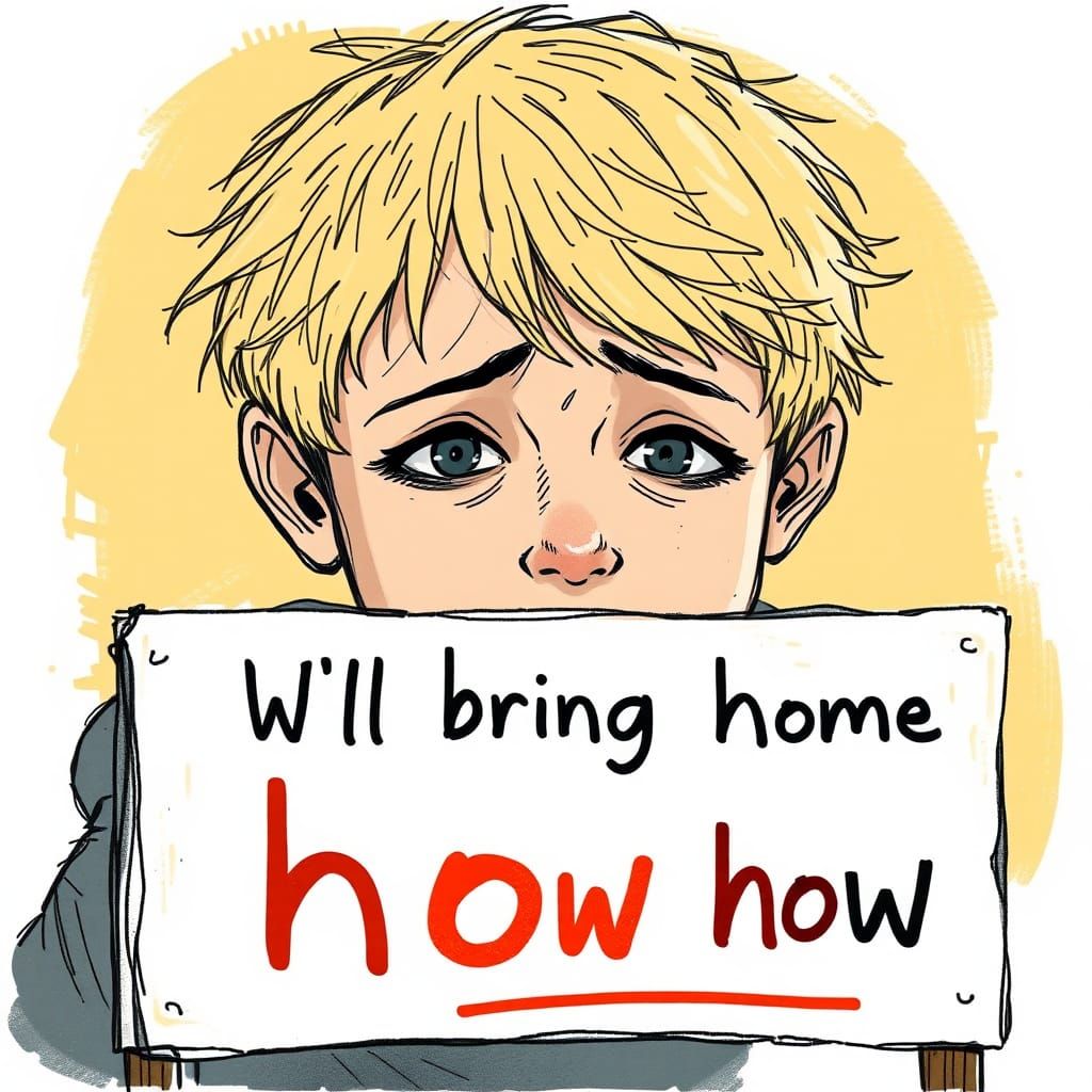 Illustration of a Sad Boy with Hebrew Sign