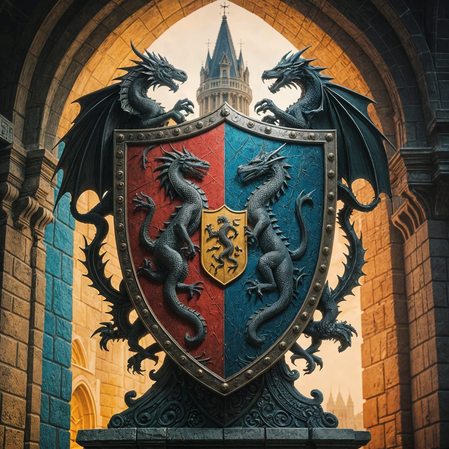 This image showcases a stunning, hyperrealistic silhouette of a medieval heraldic shield, featuring intricate ...  by @Likvi