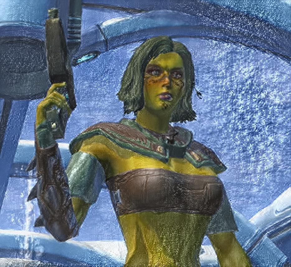 green girl with blaster upfront blue scenery