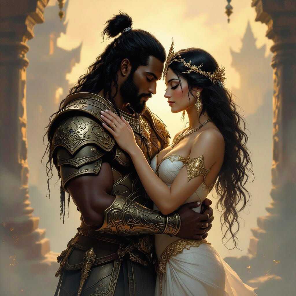Strong black handsome warrior loving his beautiful back goddess
