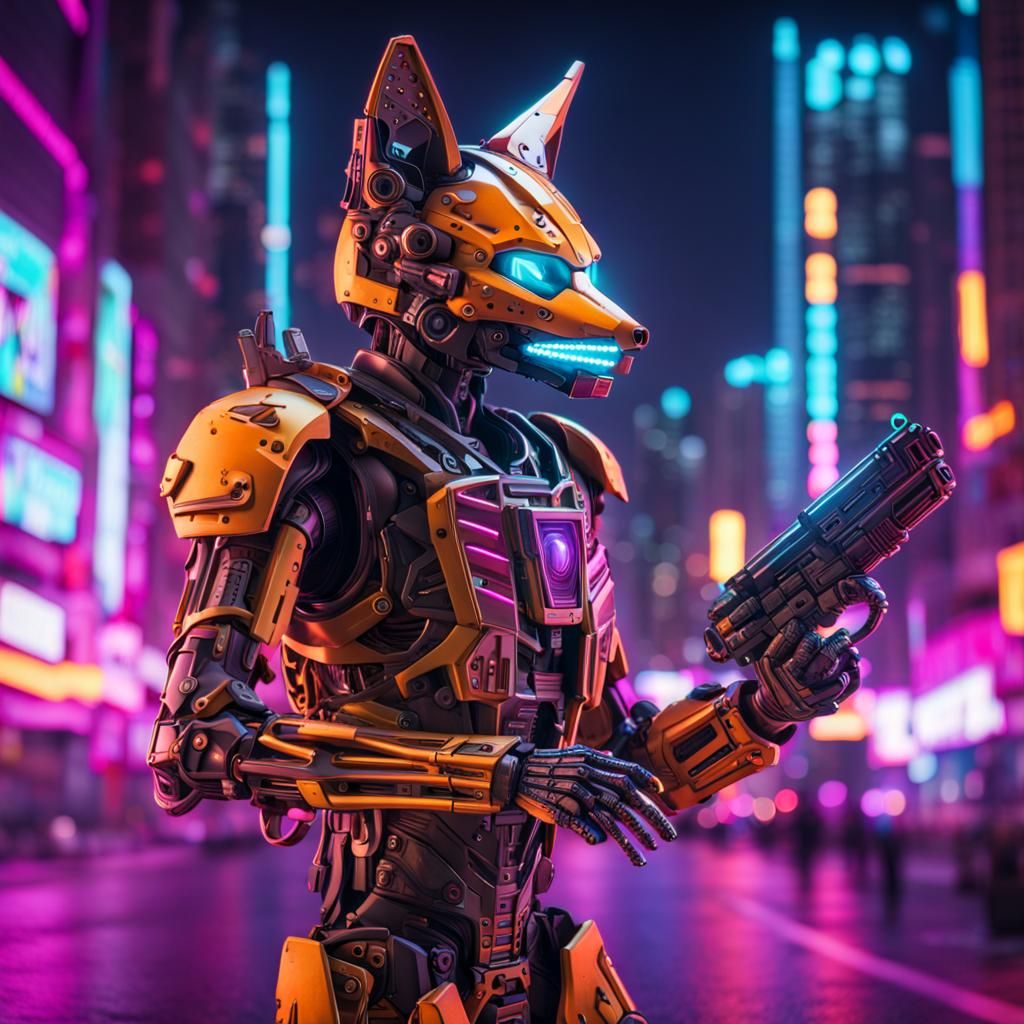 An robotic skeleton fox in neon armour standing in front of ...