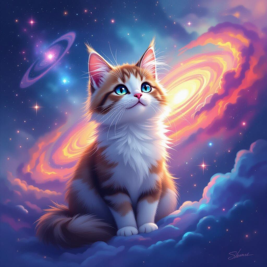 Cosmic Cat Floating Through Starry Galaxies