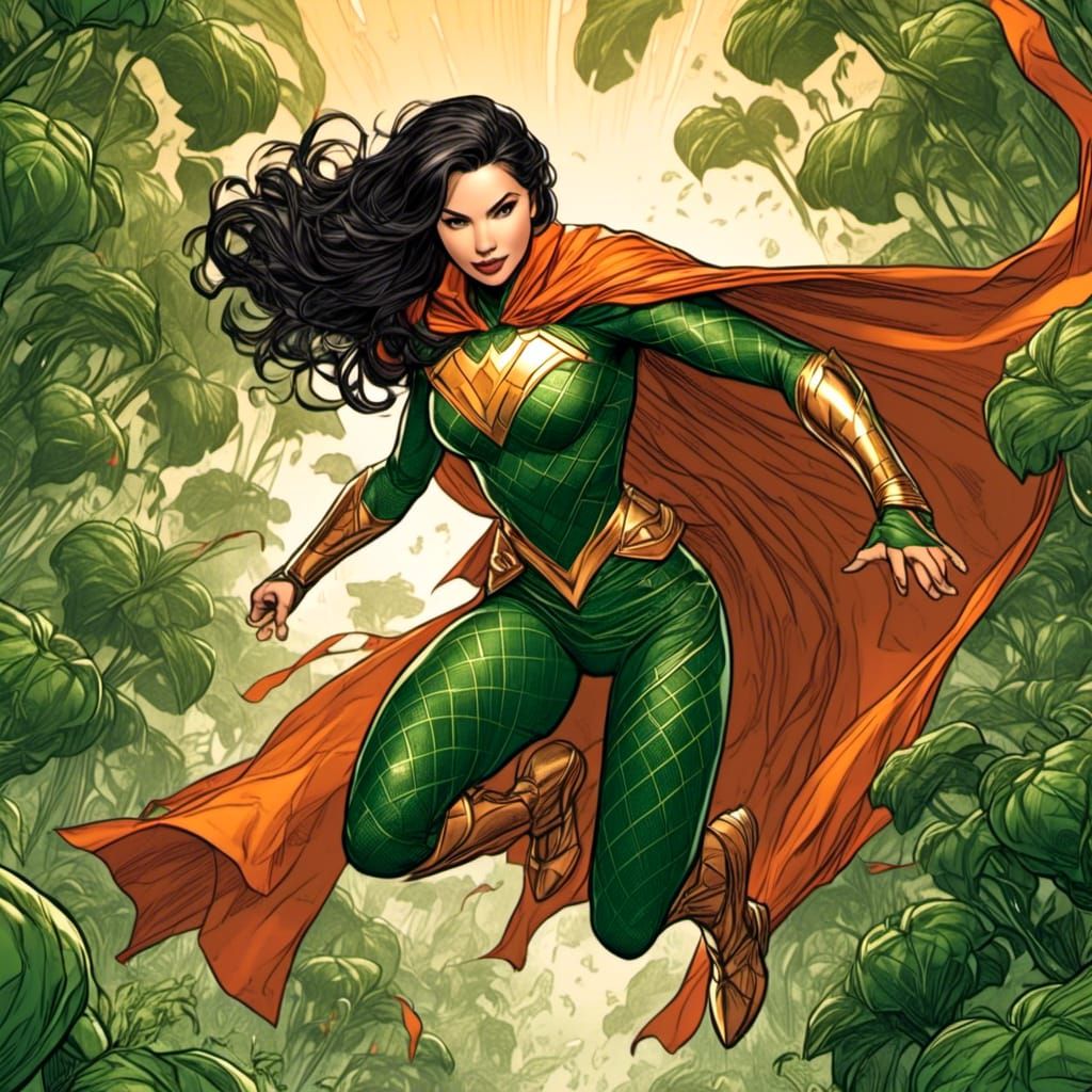  <lora:Comic book:1.0> Superheroine who creates life through plants, green orange and gold scaled outfit with a cape and high boots, no mask