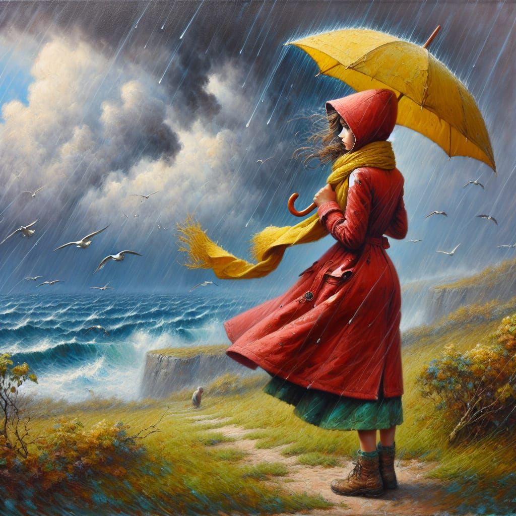 A young girl in a red raincoat on the beach in the rain  by @Medi