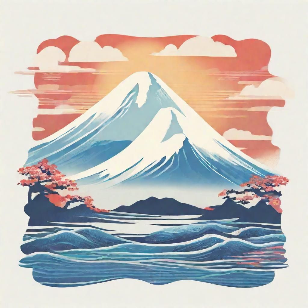 (White border postcard:1.4), retro vintage style, Mount Fiji,  Japanese ukiyo-e style, Seaside postcard, serene colourful triadic colours, v...