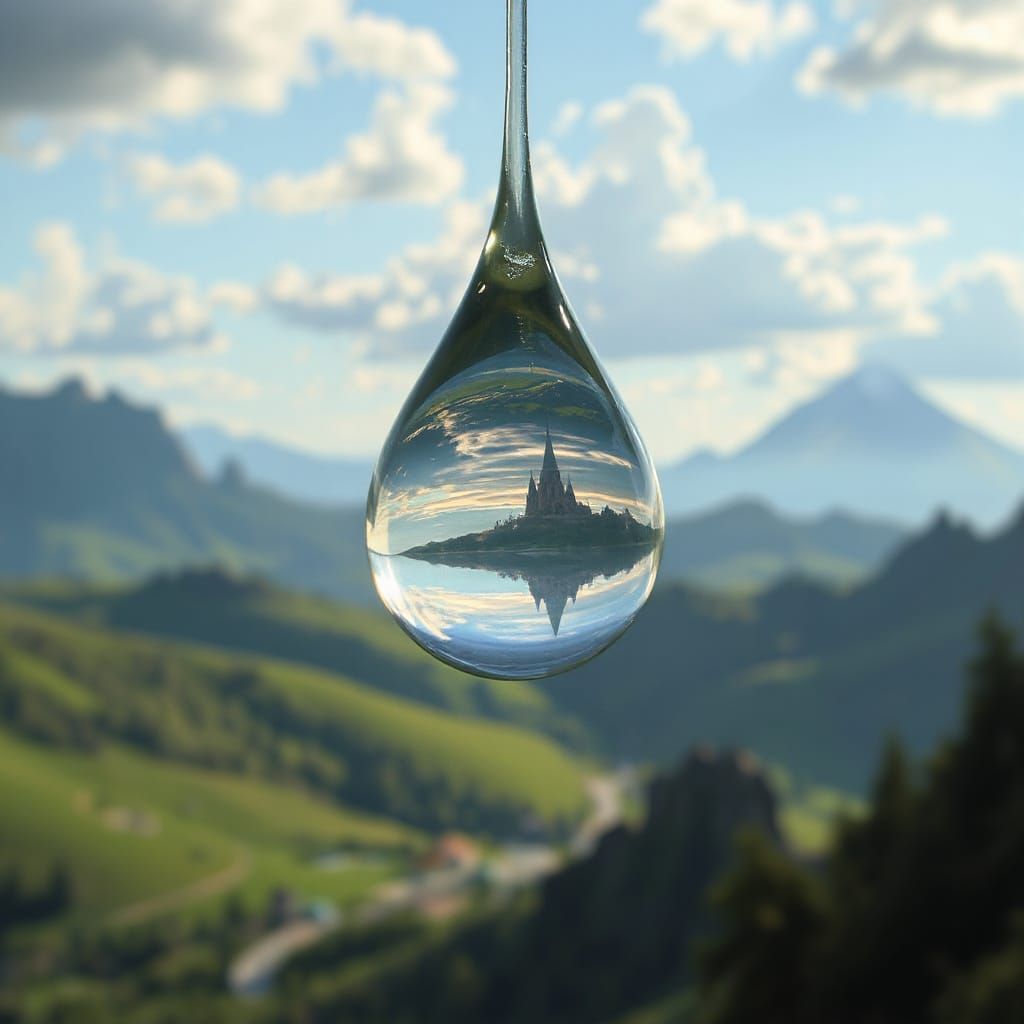 Suspended Water Droplet Reveals Dreamlike Fantasy Realm