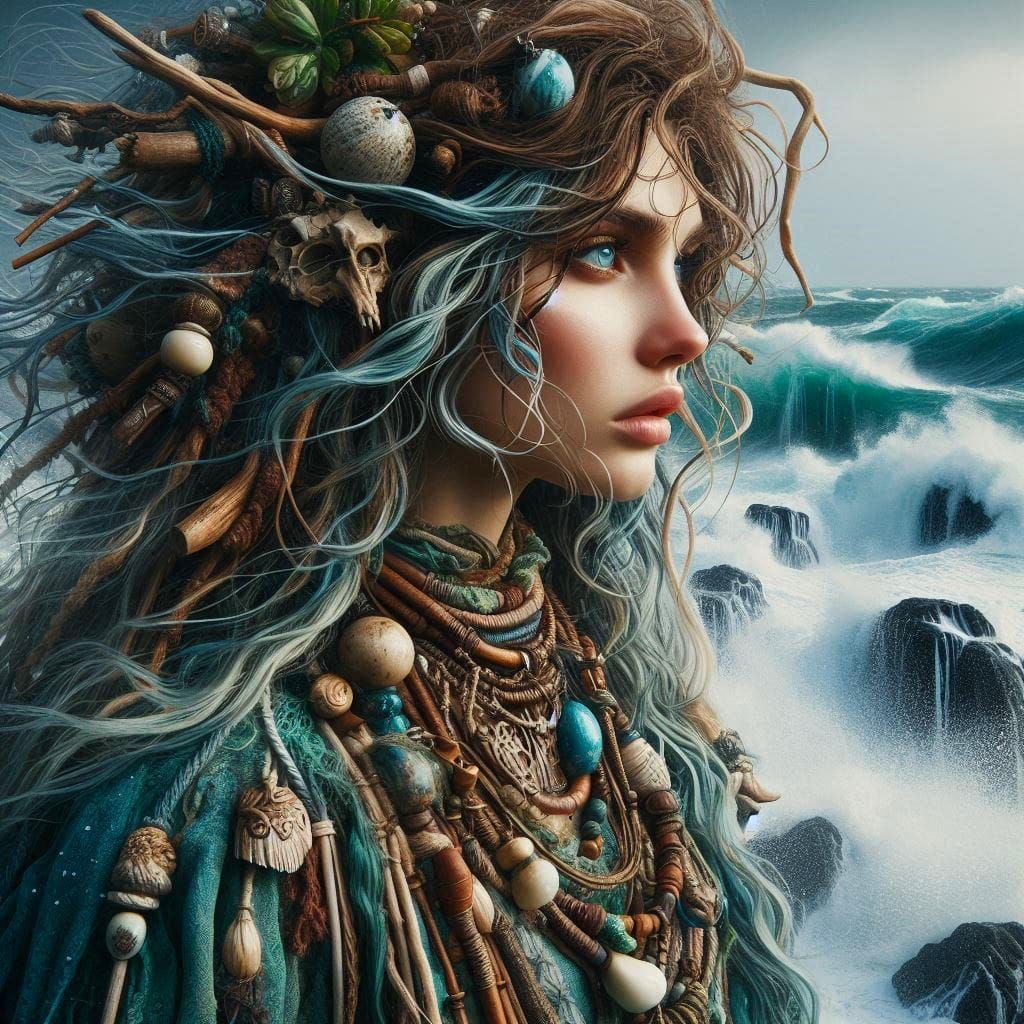 Daughter of the Drowned Coast
With sea glass eyes and driftwood in her hair, she channels the secrets of the stormy sea.