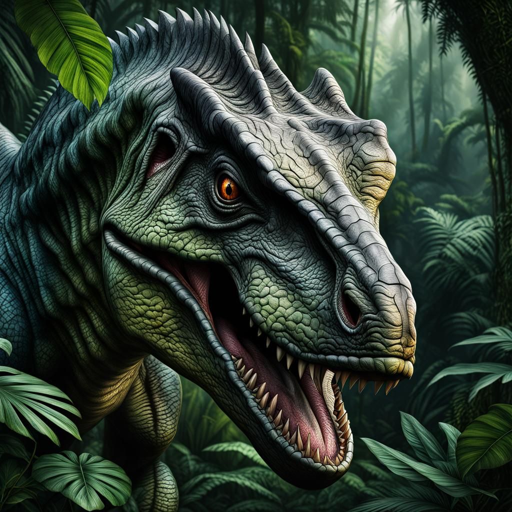 Prehistoric dinosaur head peaking through the jungle; 1900s photography Jurassic park graininess hyperdetailed, ...  by @morr5750