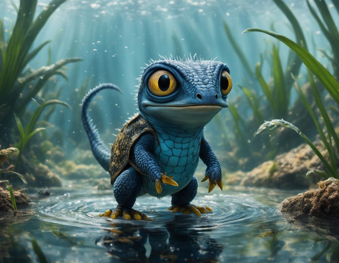 Gecko on Water: Macrophoto in Pixar/Ghibli Style