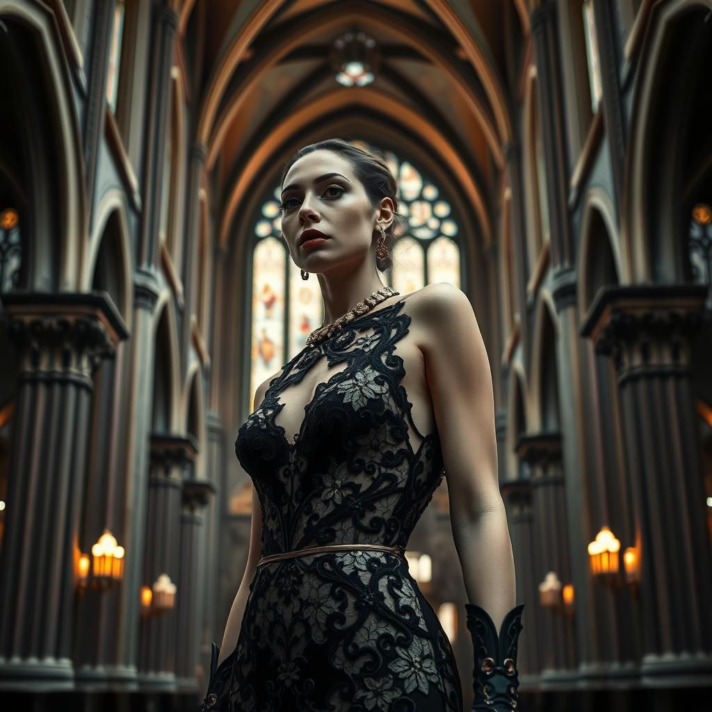 very slender Art Deco Haute couture fashion model, photo shoot in grand neo gothic cathedral, intricate details, HDR, beautifully shot, hype...