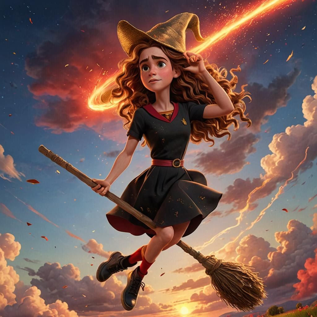 Hermione Granger flying on a broom, wearing a black dress wi...