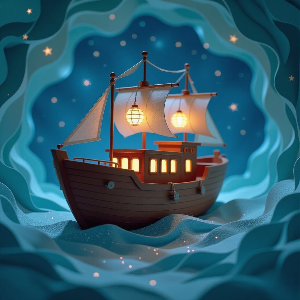 A vintage exploration vessel, constructed entirely from layered and textured paper, drifts through a swirling nebula made of delicate paper ...