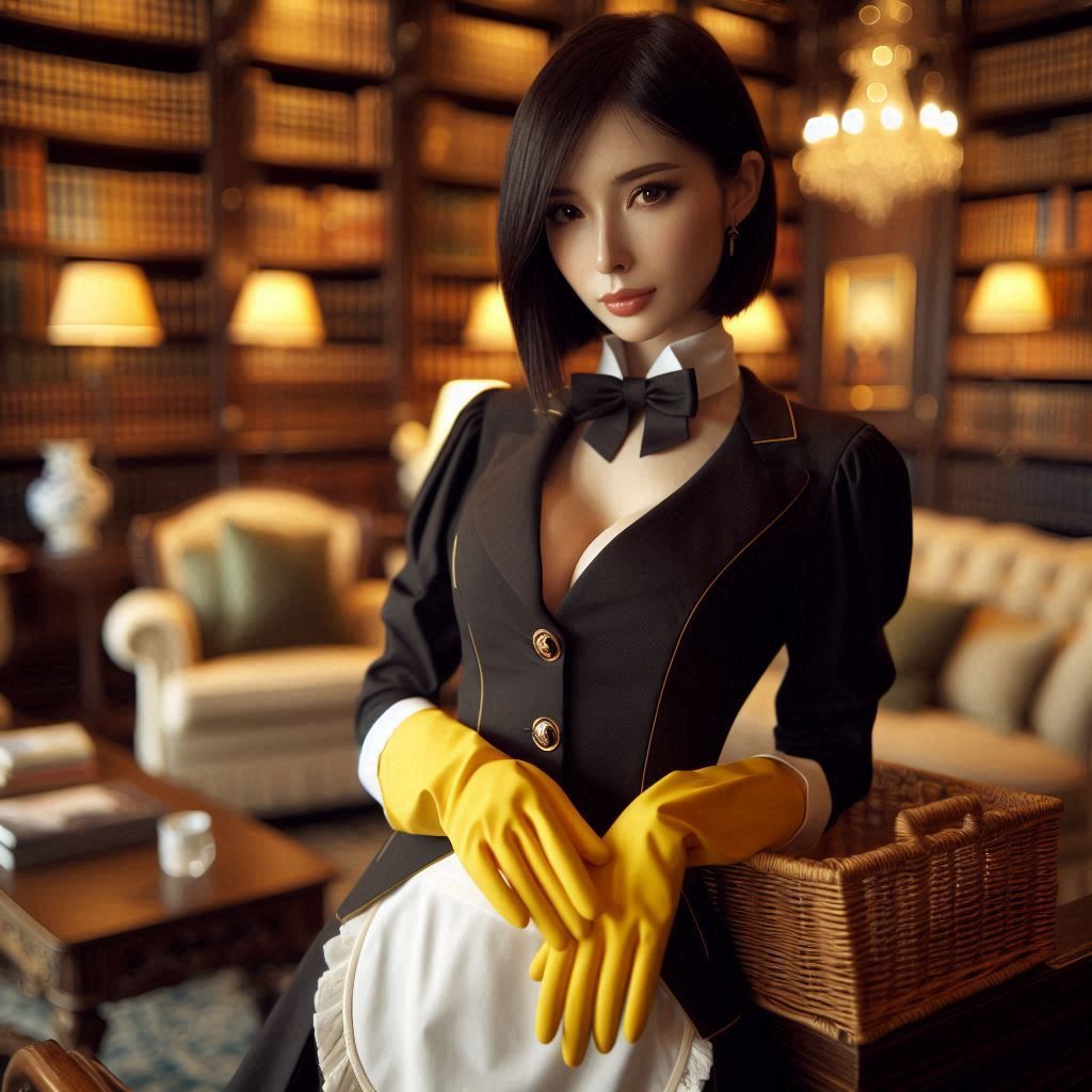 A female japanese butler in the library of a posh Australian...