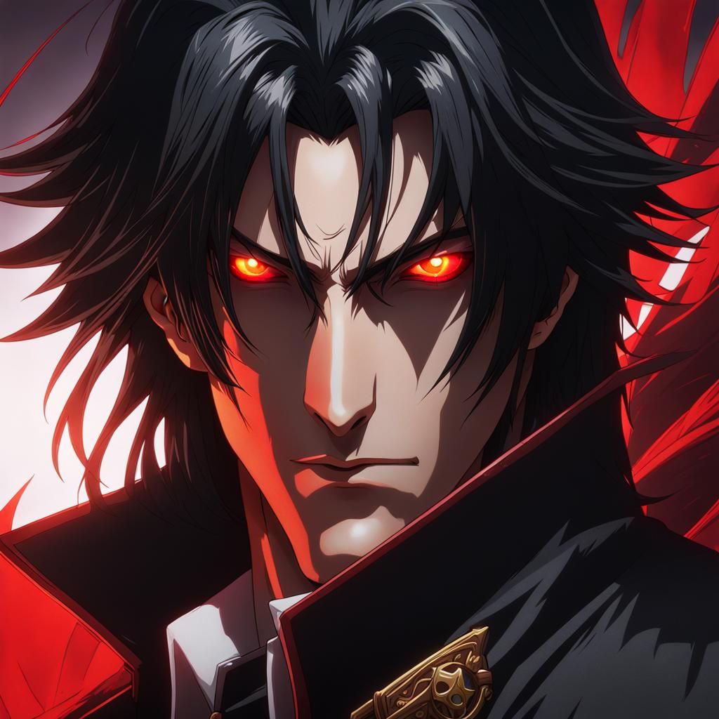 alucard from hellsing with black hair and glowing red eyes