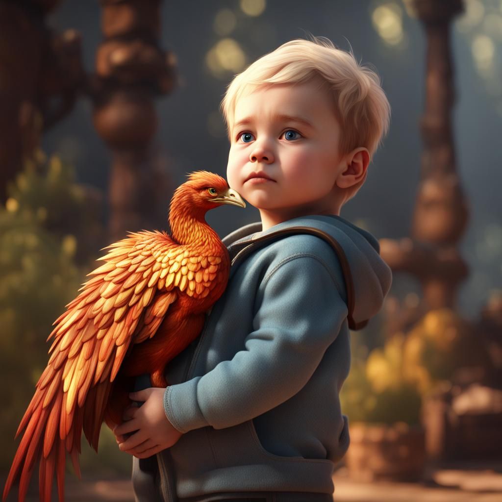 cute ((miniature)) ((baby phoenix)) on the shoulder of an ol...