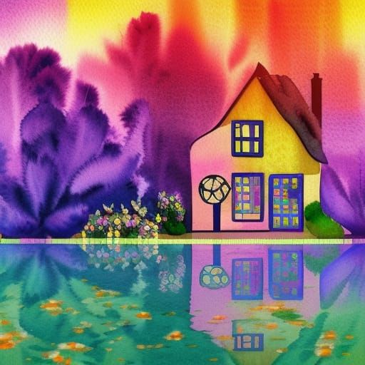 watercolour,beautiful whimsical village cottage with flower ...