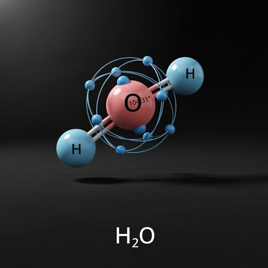 a 45 Degree view of a Bent Water Molecule at 104.31 Degrees.
#An Oxygen Atom with 2 electrons on the inner ring, and 6 electrons on the oute...