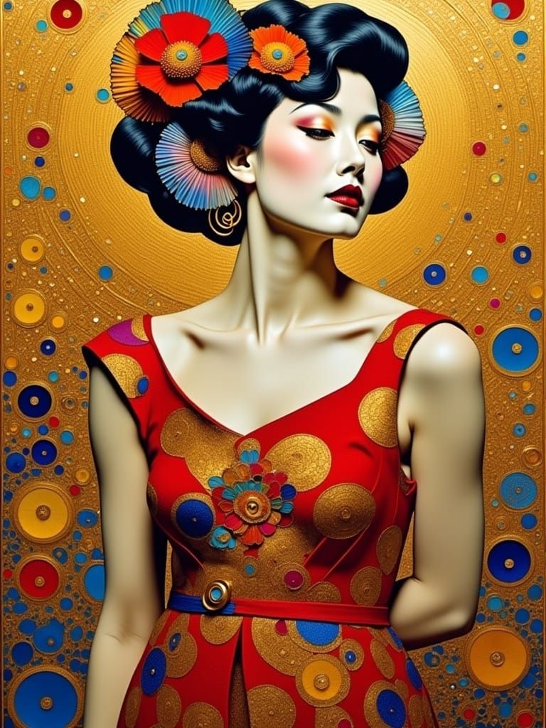 <lora:Sparkling Collage Fx:1.0> Emilie Floge Adele Bloch-Bauer Golden woman Gustav Klimt ecstasy ecstatic sparkling glittering glittering g...