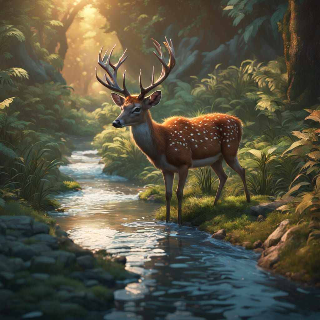 Deer Drinking From Stream in Lush Vegetation