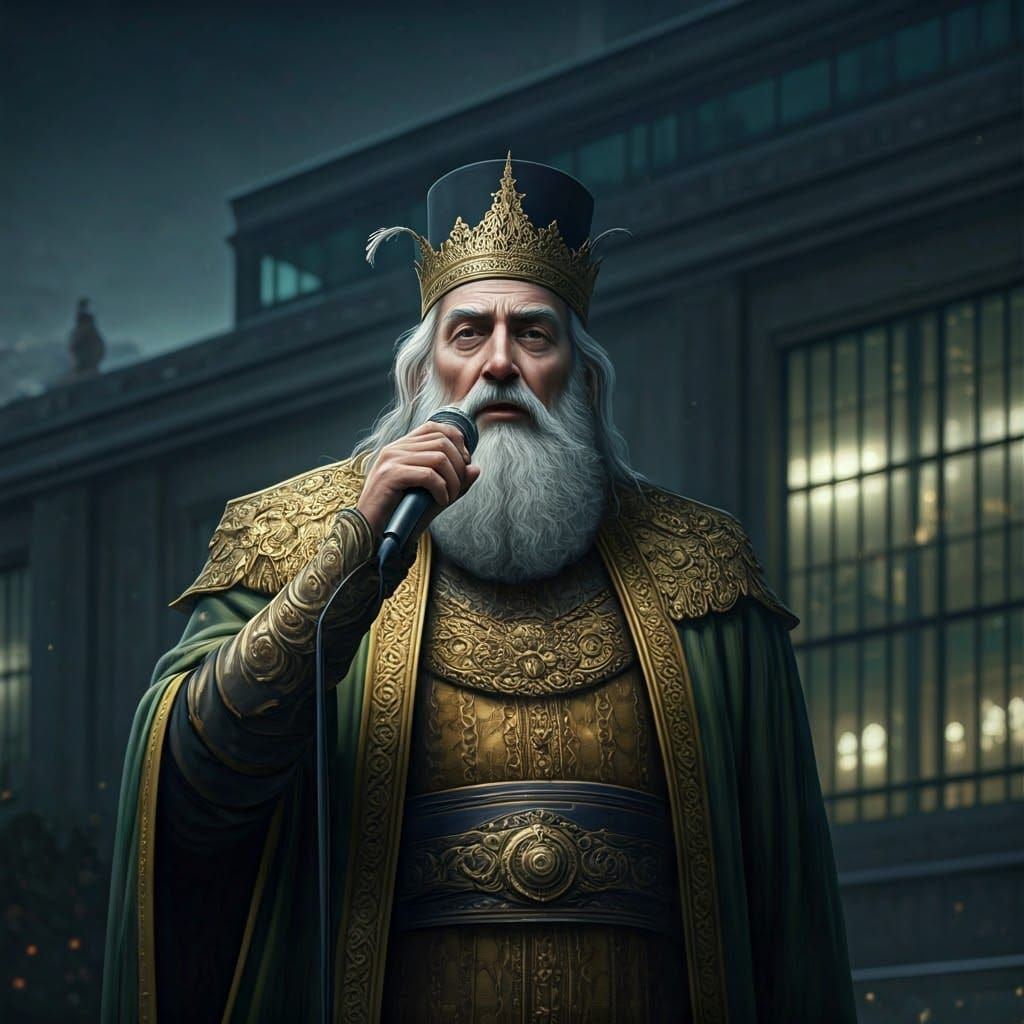 Dignified Figure in Golden Attire Stands Poised with Microph...