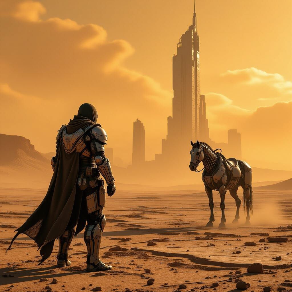 A lone warrior, clad in scavenged cybernetic armor, stands defiantly on a desolate, dust-choked plain. Next to him stands his cybernetic hor...