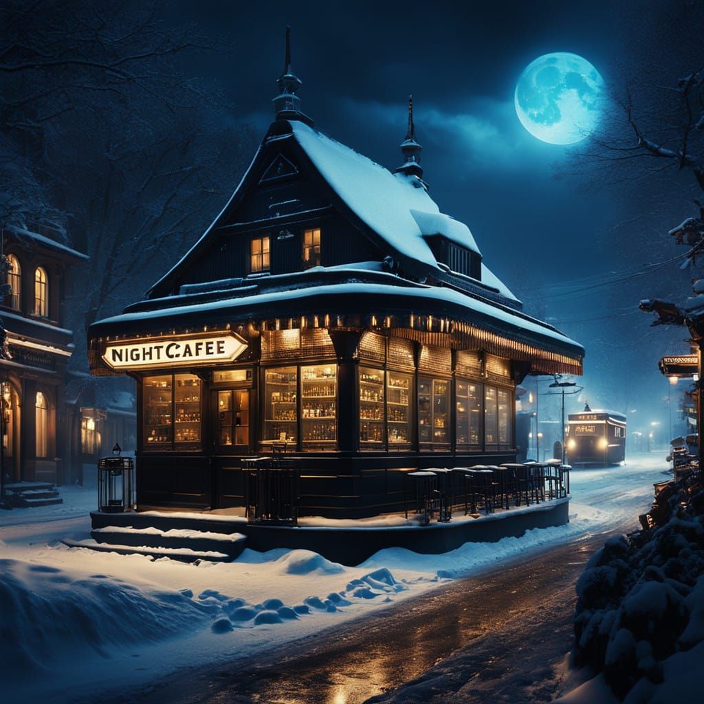 NightCafe bar at a snowy night. 
