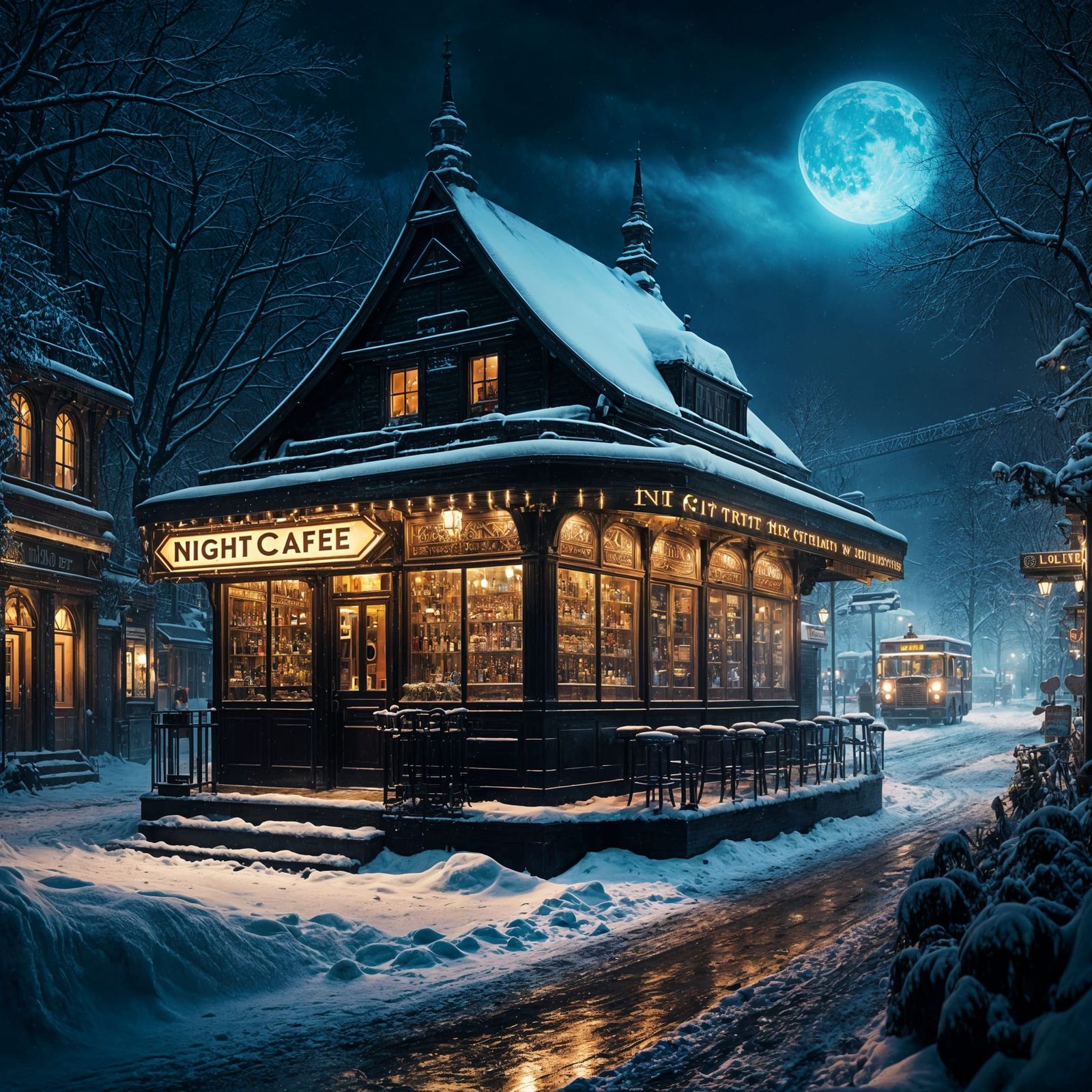 NightCafe bar at a snowy night.   by @Mad Piece Maker
