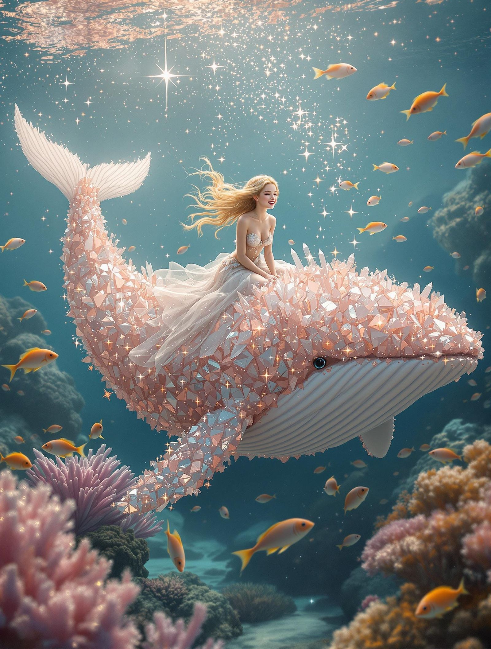Underwater image of a delicate ethereal blonde girl with beautiful eyes riding on a whale made out of ...  by @Arbarron