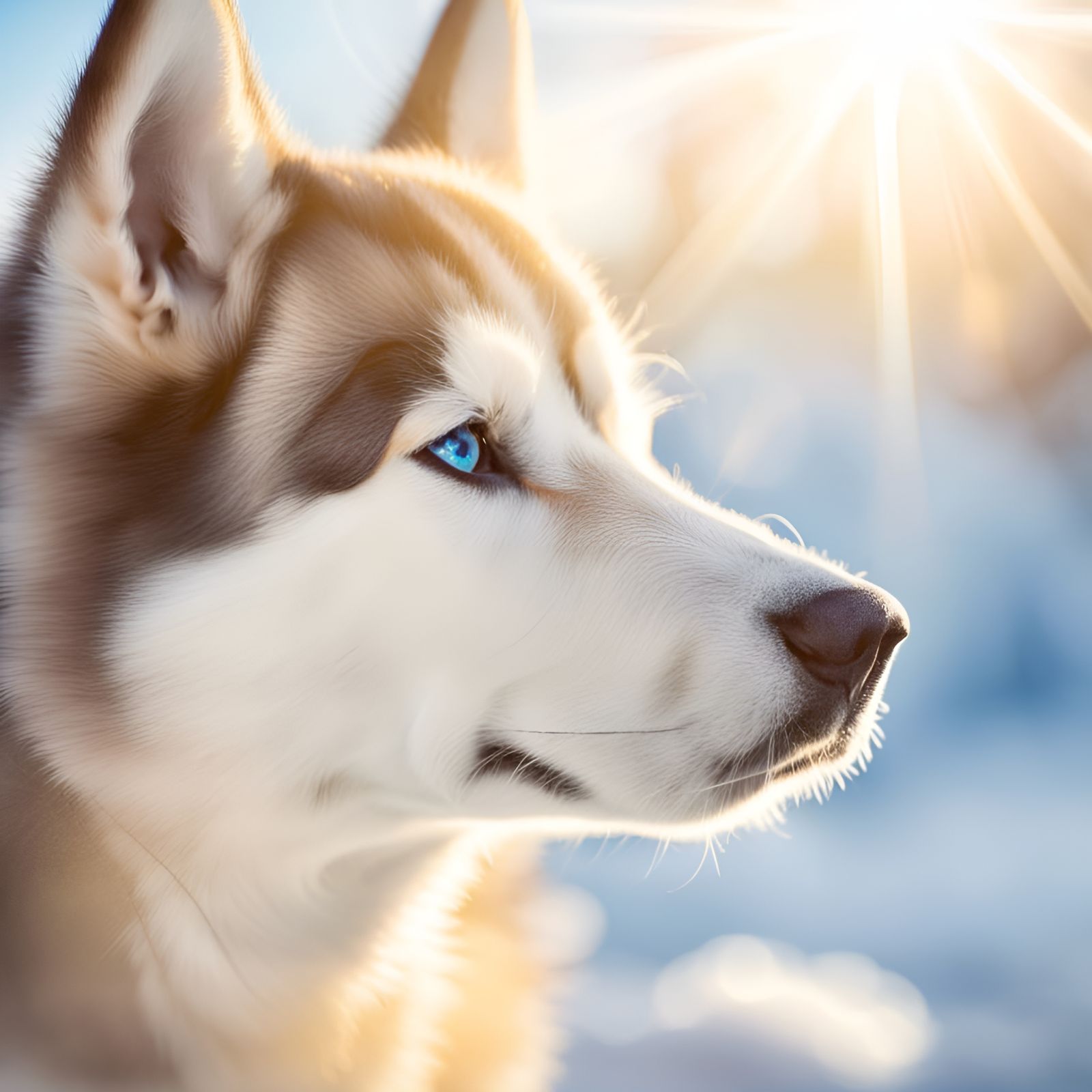portrait, Brown husky puppy, snow, ice, misty, solar flare, ...