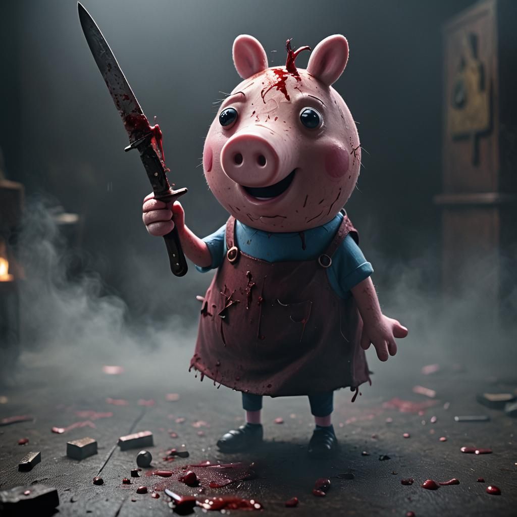 Pepa pig, with blood, blood in the eyes, and with a knife
