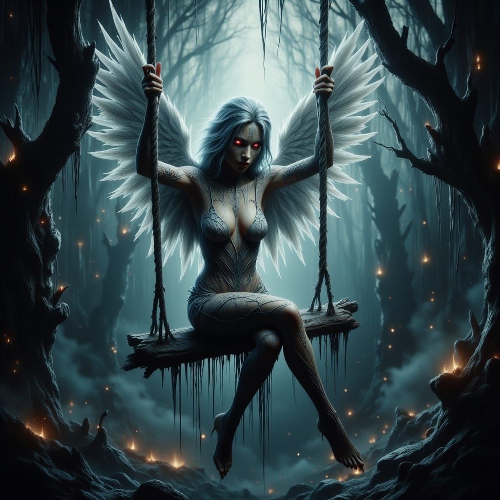 <lora:-Omnious-:1.0> an angel on a swing hanging from a tree branch, Hyper-maximalism ▪ Ultra-detailed photorealistic ▪ Insane close-up ▪ Di...