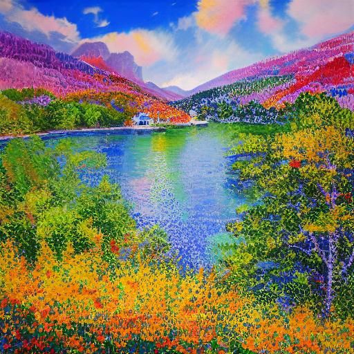 <lora:Pointillism:0.7> village trees flowers lake